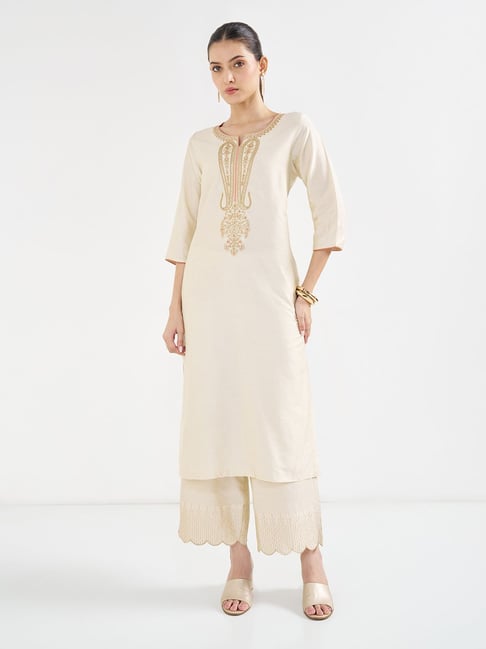 Rangmanch by Pantaloons Cream Embroidered Celebration Kurta-picture-35