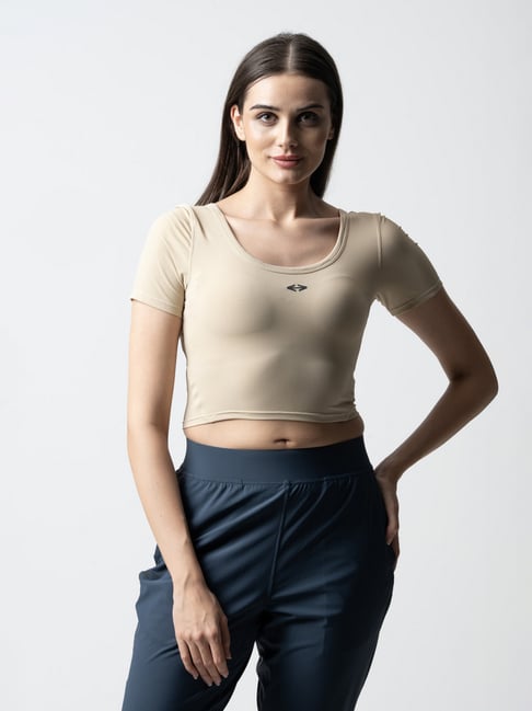 STRCH Beige Solid Short Sleeves Crop Top-picture-31