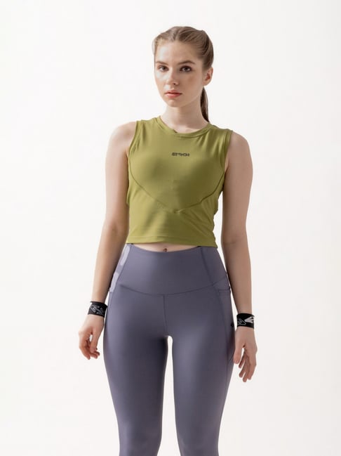 STRCH Wood Green Solid Sleeveless Crop Top-picture-35