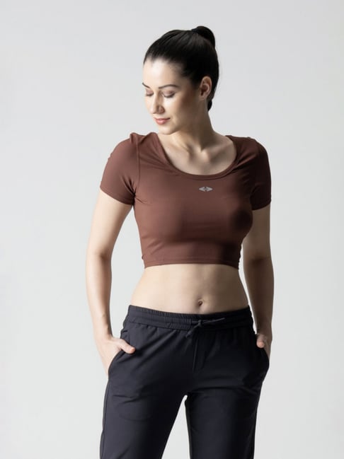 STRCH Brown Solid Short Sleeves Crop Top-picture-26