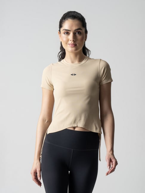 STRCH Beige Solid Short Sleeves Crop Top-picture-32