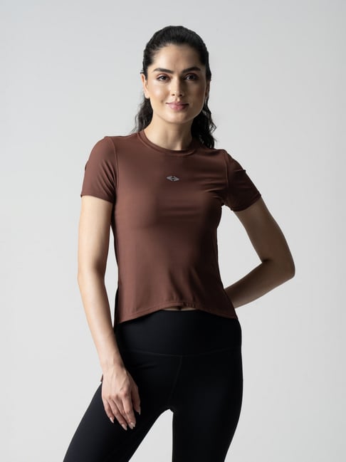 STRCH Brown Solid Short Sleeves Crop Top-picture-27