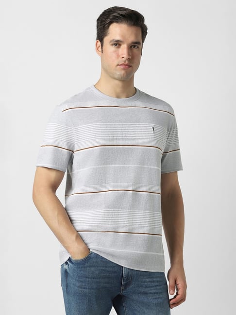 Peter England Grey Cotton Striped Regular Fit T-Shirt-picture-22