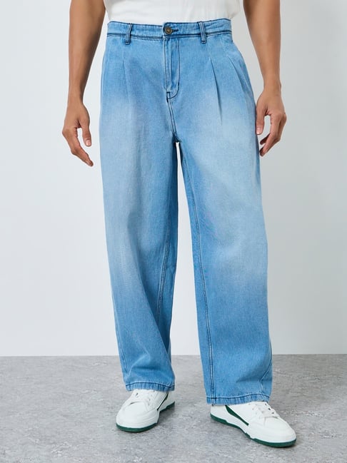 Styli Navy Blue Cotton Solid Baggy Jeans-image-44