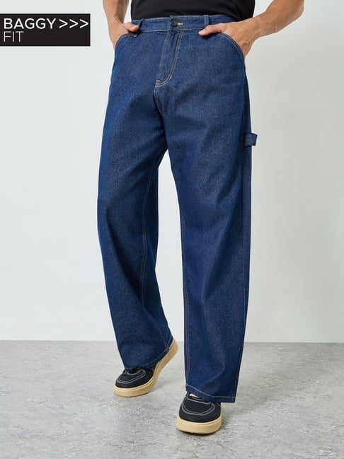 Styli Navy Blue Cotton Solid Baggy Jeans-image-45