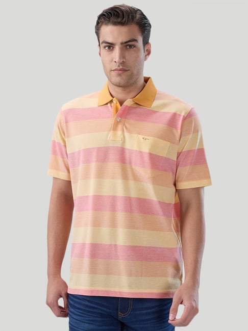 Colorplus Yellow Cotton Relaxed Fit Striped Polo T-Shirt