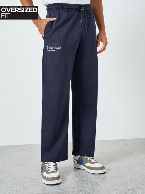 Styli Navy Blue Cotton Solid Relaxed Fit Track Pants-image-20