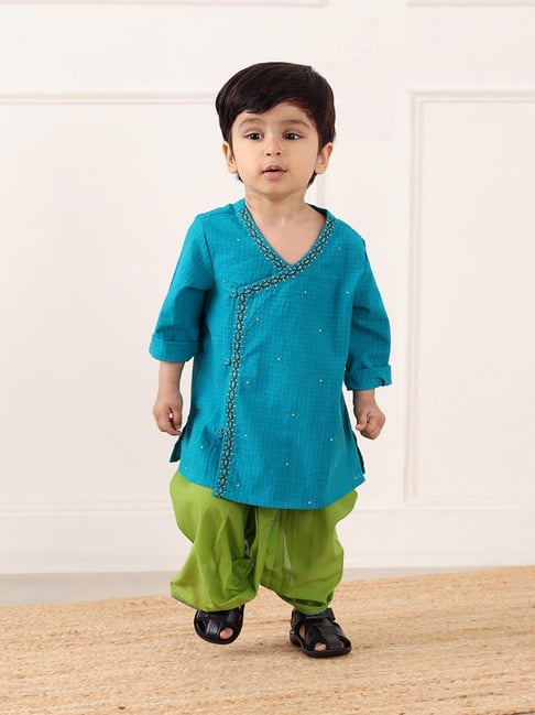 Fabindia Infant Boys Teal Cotton Embroidered Kurta Set-picture-30