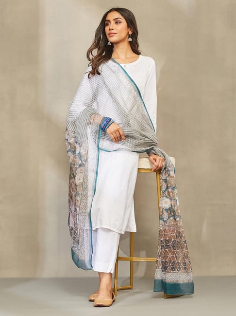 Fabindia Teal Cotton Printed Dupatta-image-11