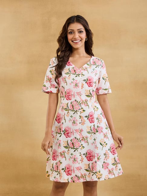 Fabindia White And Pink Regular Fit Floral Dress-picture-25