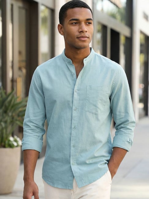 Bewakoof Men's Sage Green Cotton Linen Shirt