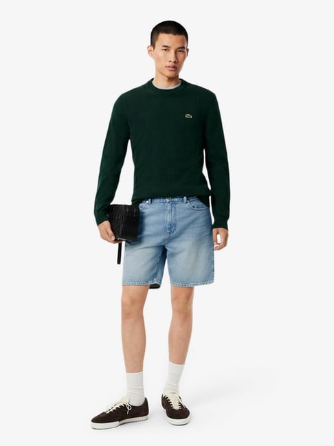Lacoste Light Indigo Logo Mid Rise Straight Fit Denim Bermuda Shorts-image-15