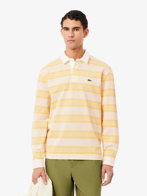 Lacoste Off White & Yellow Relaxed Fit Striped Polo T-Shirt-picture-46