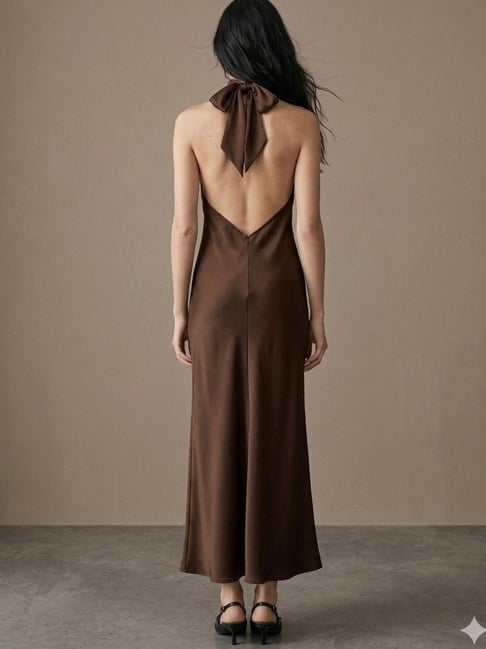 Outzidr Womens Brown Flared Fit Solid Midi Dress-image-33