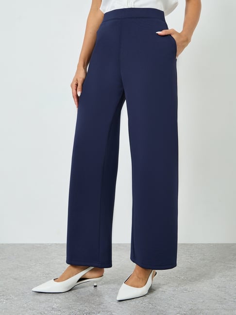 Styli Navy Blue Cotton Straight Fit Mid Rise Trousers-image-28