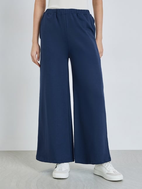 Styli Navy Blue Cotton Flared Fit Mid Rise Trousers-picture-23