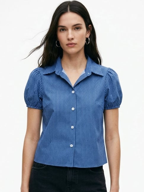 Outzidr Womens Blue Slim Fit Checked Shirt-picture-17