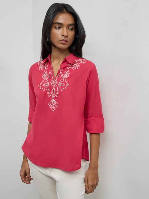 Utsa by Westside Fuchsia Embroidered Cotton-Blend Tunic-picture-30