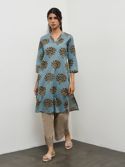 Utsa by Westside Teal Botanical Pattern Cotton Straight Kurta-picture-29