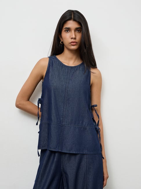 LOV by Westside Dark Blue Tie-Up Cotton-Blend Top-picture-33