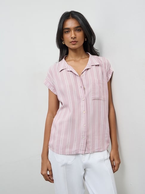 LOV by Westside Dusty Pink Striped Cotton Shirt-picture-39