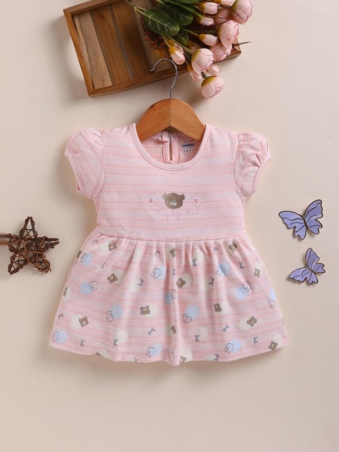 Bumzee Girls Peach Cotton Regular Fit Striped Casual Dress
