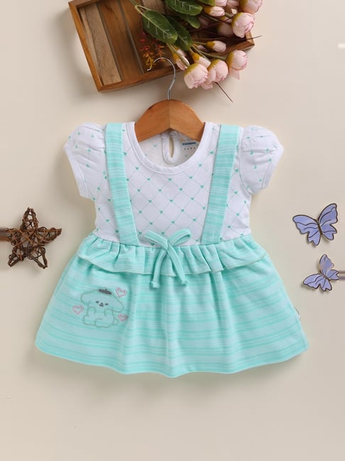Bumzee Girls Mint Green and White Cotton Striped Casual Dress
