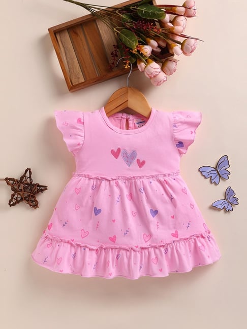 Bumzee Girls Pink Cotton Regular Fit Graphic Print Casual Dress