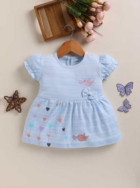 Bumzee Girls Sky Blue Cotton Regular Fit Striped Casual Dress