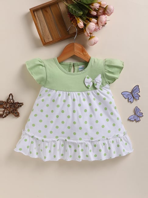 Bumzee Girls Mint Green and White Cotton Printed Casual Dress