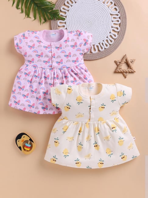 Bumzee Girls Pink and Yellow Cotton Printed Casual Dress - Pack of 2