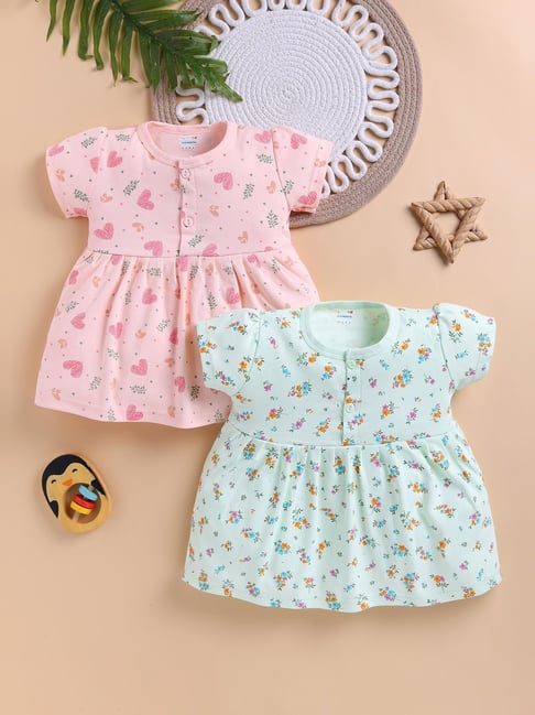 Bumzee Girls Green and Peach Cotton Printed Casual Dress - Pack of 2