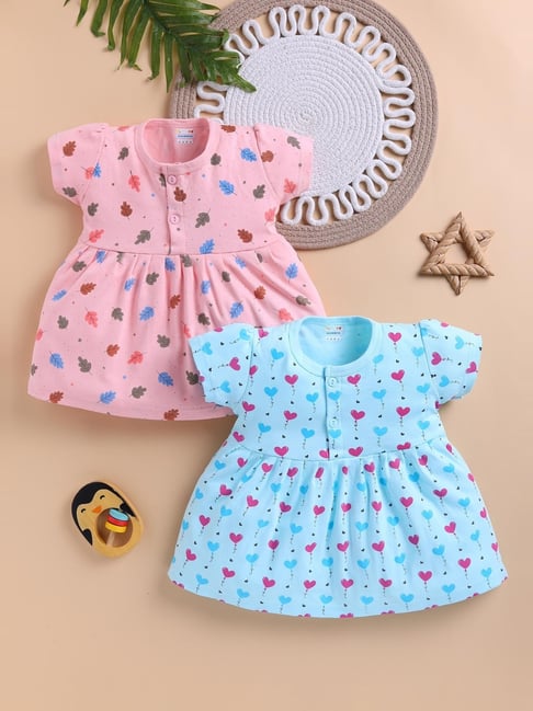 Bumzee Girls Blue and Peach Cotton Printed Casual Dress - Pack of 2