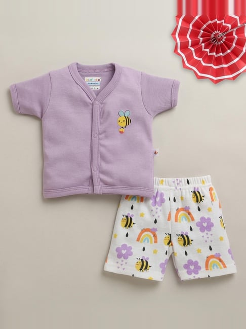 Bumzee Girls Lavender and White Cotton Printed Clothing Sets