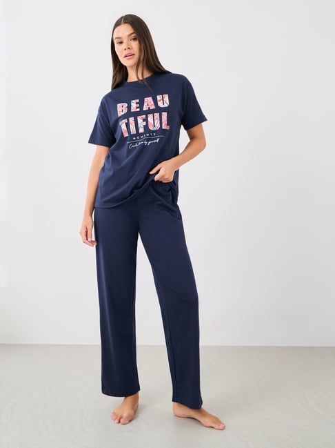 Styli Navy Blue Printed T-Shirt With Pyjamas-image-34