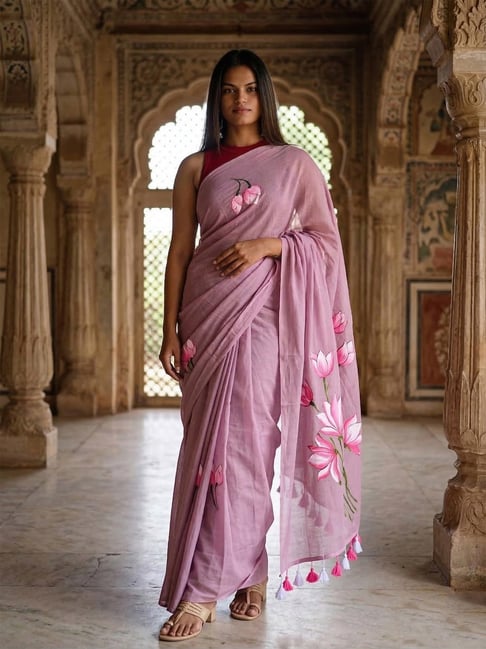Anjaneya Sarees Pink Linen Floral Saree with Unstitched Blouse-picture-22