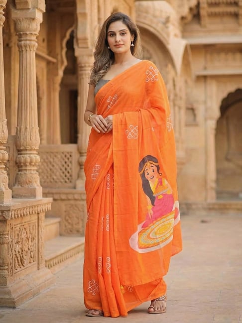 Anjaneya Sarees Orange Linen Graphic Saree with Unstitched Blouse-picture-20