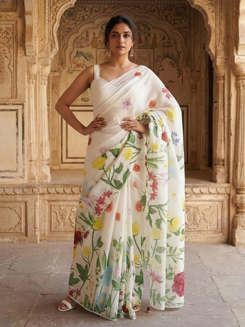 Anjaneya Sarees White Linen Floral Saree with Unstitched Blouse-picture-13