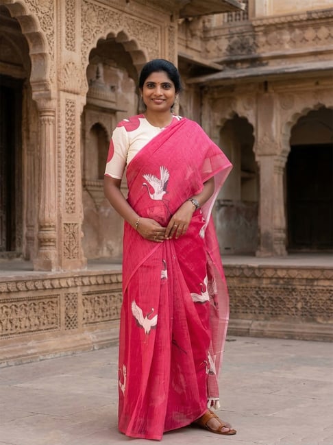 Anjaneya Sarees Pink Linen Graphic Saree with Unstitched Blouse-picture-15