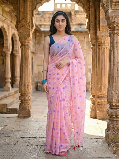 Anjaneya Sarees Pink Linen Printed Saree with Unstitched Blouse-picture-45