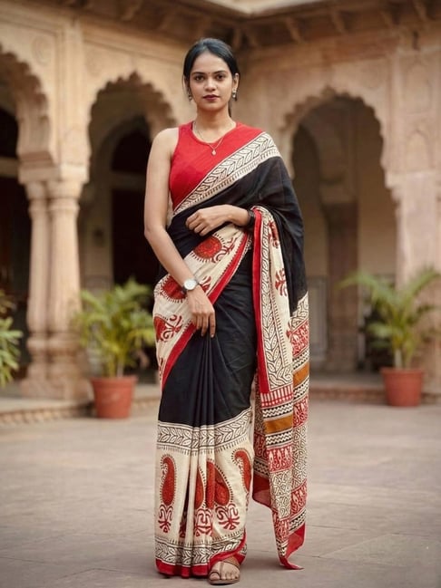 Anjaneya Sarees Black Linen Printed Saree with Unstitched Blouse-picture-15