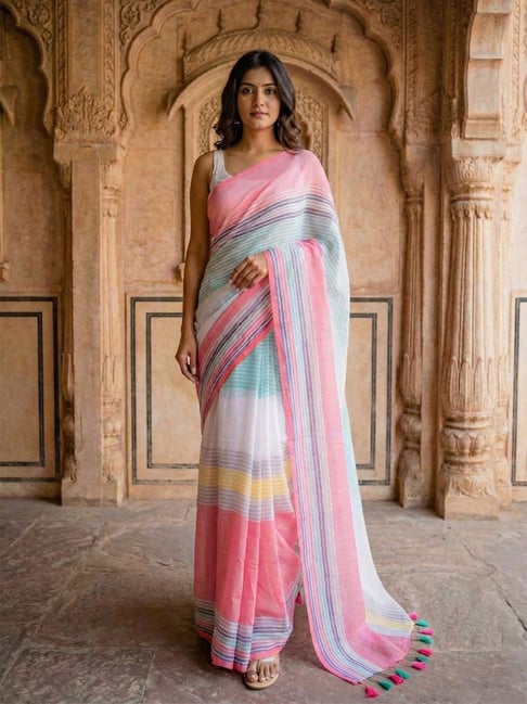 Anjaneya Sarees Multi-Color Linen Printed Saree with Unstitched Blouse-picture-46