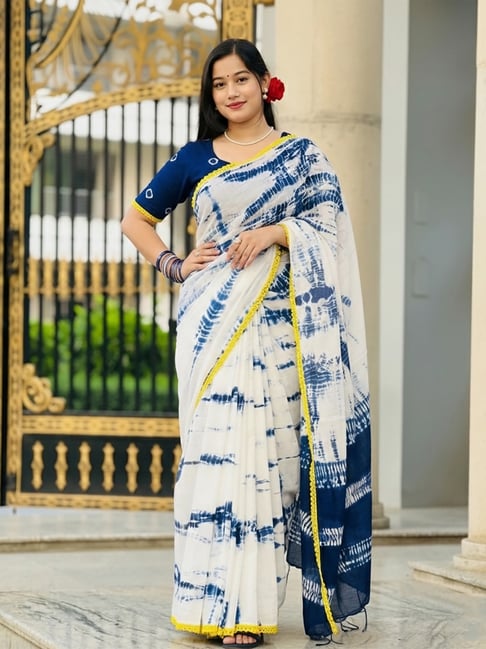 Anjaneya Sarees White Linen Printed Saree with Unstitched Blouse-picture-47
