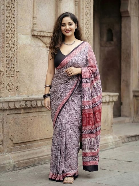Anjaneya Sarees Purple Linen Printed Saree with Unstitched Blouse-picture-27