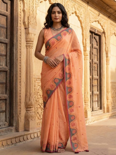 Anjaneya Sarees Orange Linen Printed Saree with Unstitched Blouse-picture-10
