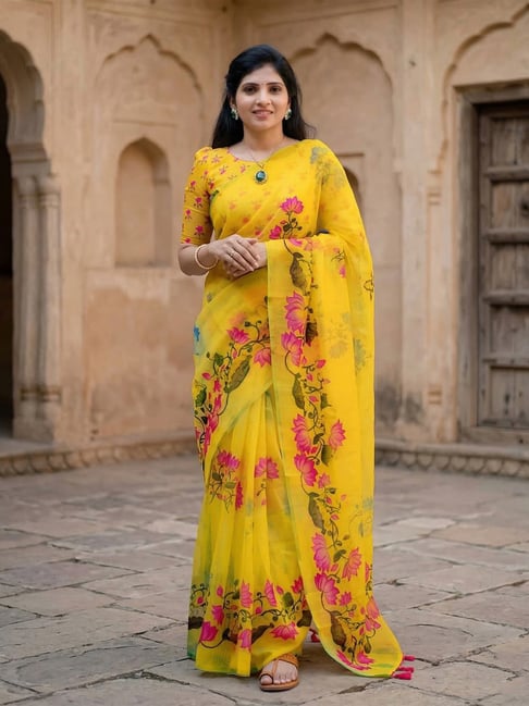 Anjaneya Sarees Yellow Linen Printed Saree with Unstitched Blouse-picture-40