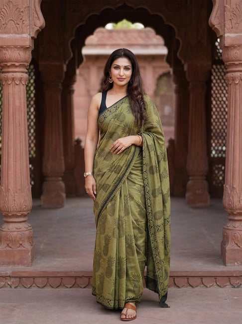 Anjaneya Sarees Green Linen Printed Saree with Unstitched Blouse-picture-48