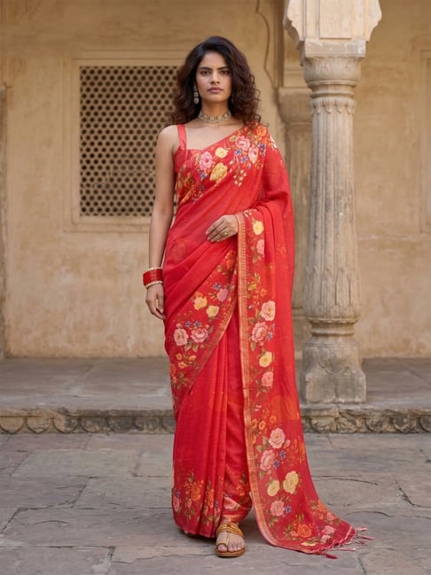 Anjaneya Sarees Orange Linen Printed Saree with Unstitched Blouse-picture-18
