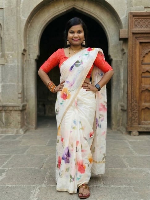Anjaneya Sarees White Linen Printed Saree with Unstitched Blouse-picture-40