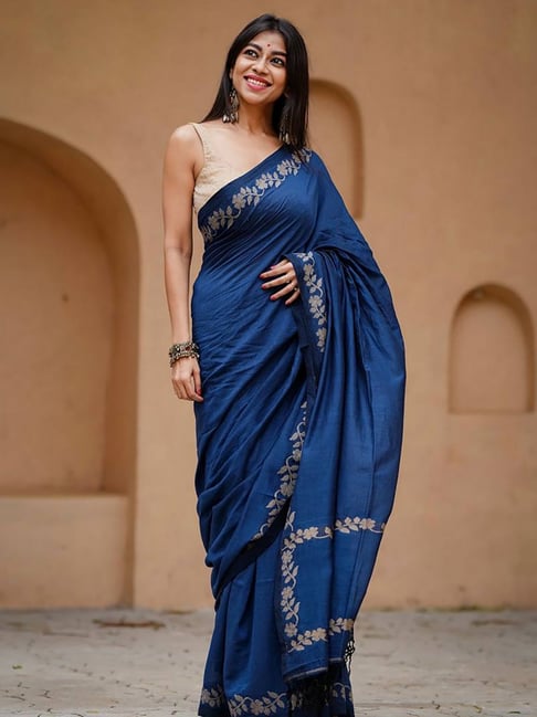 Anjaneya Sarees Blue Linen Printed Saree with Unstitched Blouse-picture-28